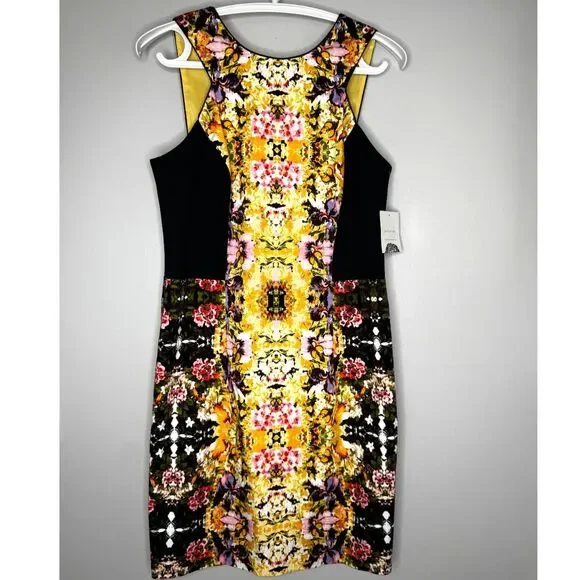 Donna Morgan Floral Sheath Dress Size 8 Yellow Black Zip Career Cocktail NWT - Picture 2 of 7